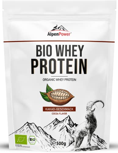 AlpenPower Proteína Whey Orgánico sabor Cacao 500 g - Ingredientes 100% naturales y sin aditivos - Proteína CFM en polvo procedente de la mejor leche alpina ecológica