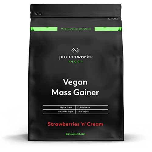 Protein Works| Vegan Mass Gainer | 100% A Base De Plantas | Alto En Calorías Para El Aumento De Masa, Fresas Con Nata, 2000 Gramo