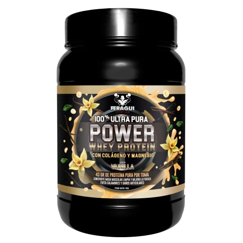 100% Power Whey Protein | 43 gr de Proteina Pura por toma + Colágeno + Magnesio | Aumenta el crecimiento muscular | Entrenamientos intensos | Máxima asimilación | Protege las fibras musculares |1 kg