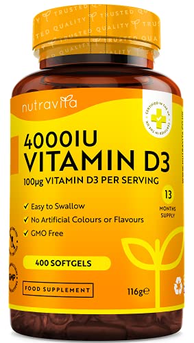 Nutravita Vitamina D3 4000 UI - 400 Cápsulas Blandas - Suministro para Más de un Año - Vitaminas D de Alta Resistencia para Mejorar absorción de Calcio, Salud de Huesos y Dientes