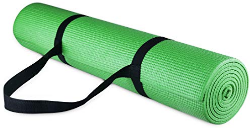 Signature Fitness Esterilla de yoga multiusos de alta densidad antidesgarros con correa de transporte, color verde