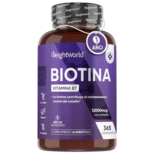 Biotina para el Cabello 12000 mcg - 365 Comprimidos Naturales | Suplemento de Vitamina B7 para Mujer y Hombre de Biotina Cabello, Piel y Uñas que Contribuye a su Crecimiento | Para 1 Año, Vegano