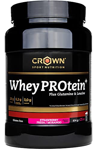 Crown Sport Nutrition Whey PROtein+ - Concentrado proteína suero de leche con aminoácidos Leucina y Glutamina con certificado antidoping Informed Sport (Bote de 834g, sabor fresa)