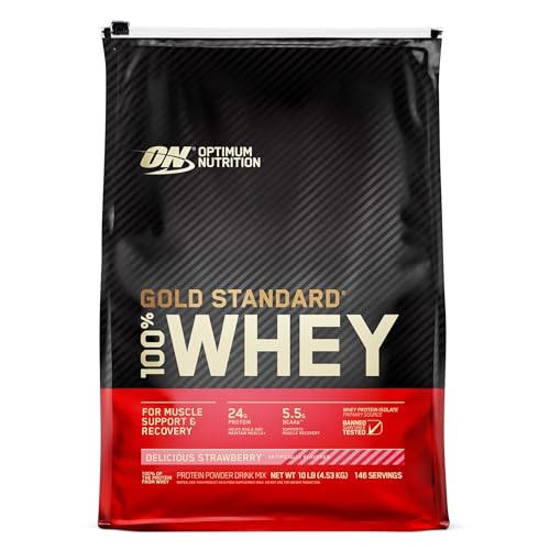 Optimum Nutrition Gold Standard 100% Whey, Proteína en Polvo para Recuperacíon y Desarrollo Muscular con Glutamina Natural y Aminoácidos BCAA, Sabor Fresa Deliciosa, 151 Dosis, 4.53 kg
