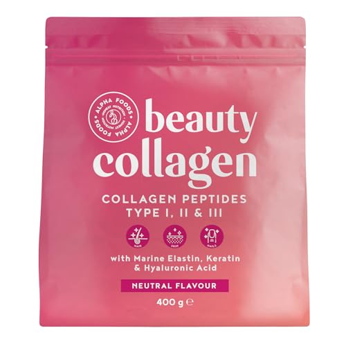 Beauty Collagen 400 gr - Colágeno con Elastina Marina y Ácido hialurónico, Queratina y Silicea - Péptidos de Colágeno Hidrolizado de tipo I, II, III y IV - Colágeno en polvo sin Sabor - Alpha Foods