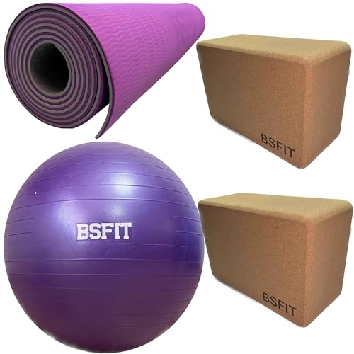 BSFIT® Kit Completo Yoga y Pilates: Pelota 65 cm Pilates, 1 esterilla de TPE premium 173x61x0,04 cm Embarazo, Fitball, 2 bloques ladrillo brick de yoga corcho