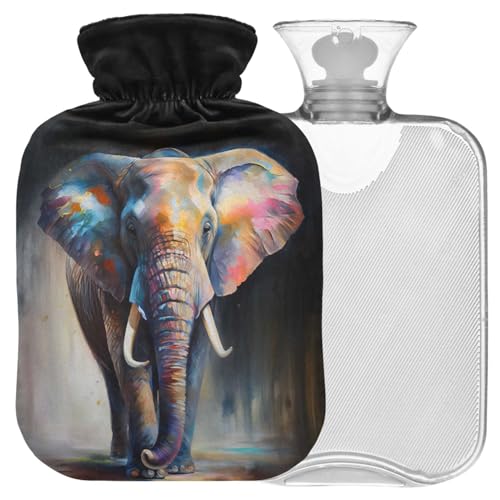 Naanle Pintura al óleo elefante botella de agua caliente con tapa Botella de agua caliente 1L Bolsa de agua caliente para alivio del dolor Terapia caliente y fría