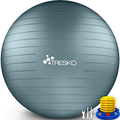 TRESKO® Pelota de Gimnasia Anti-Reventones | Bola de Yoga Pilates y Ejercicio | Balón para Sentarse | Balon de Ejercicio para Fitness | 300 kg | con Bomba de Aire (Cool Grey Blue, 55cm)