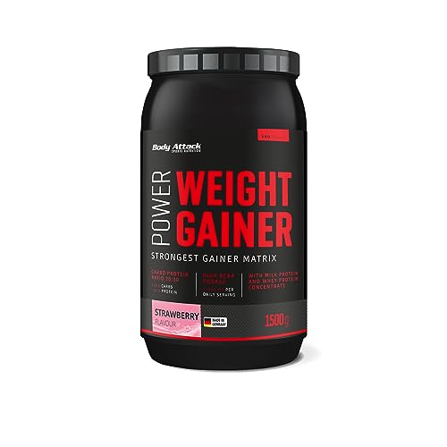 Body Attack Power Weight Gainer (aumento de peso), fresa, 1,5 kg, 100% desarollo masa, carbohidrato- proteína en polvo para el aumento muscular con proteína de suero, ideal para Hardgainer