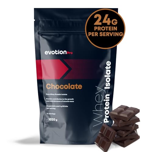 EVOTION PRO - Whey Protein Isolate (1020g), 24g proteina 5g BCAA, Proteína isolada en polvo, Pre y post entreno, Proteinas whey para masa muscular, Recuperador muscular - Sabor Chocolate