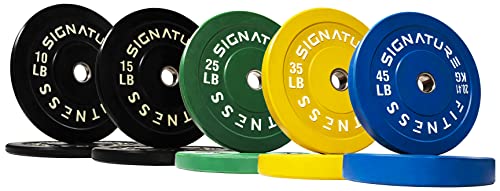 Signature Fitness Placas olímpicas de peso de placa de parachoques de 2 pulgadas con cubo de acero en pares o juegos - 100% caucho virgen, codificado por colores