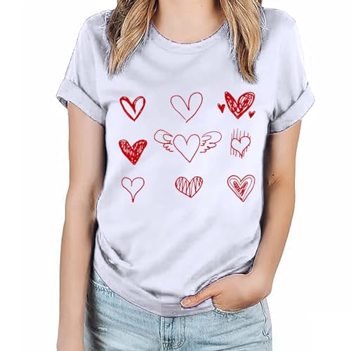 Camisa para el día de San Valentín, con diseño de corazón, cuello redondo, manga corta, casual, para parejas, gráficas, para mujer, estilo vintage, talla grande, para mujer, Reino Unido, #5007Blanco,