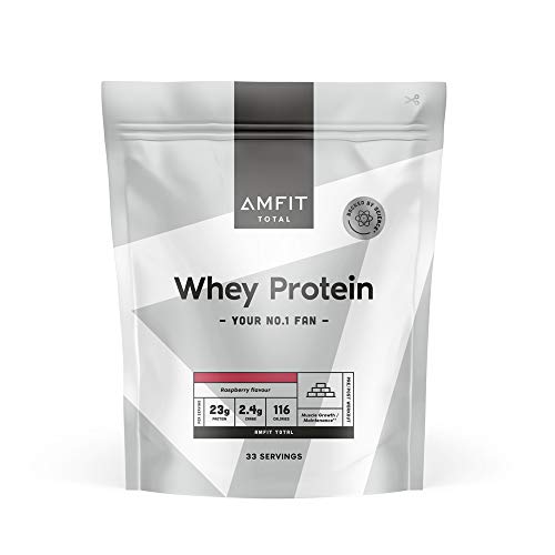 Marca Amazon - Amfit Nutrition Proteína de suero en polvo, frambuesa, 33 porciones, 1 kg (paquete de 1)