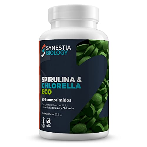 Spirulina y Chlorella Ecológica Synestia, 200 comprimidos, vegano y sin gluten, ayuda al mantenimiento de la masa muscular, aumenta la vitalidad, promueve la detoxificación del cuerpo