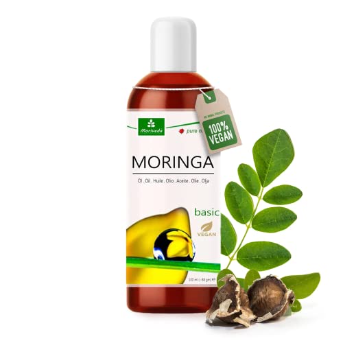 MoriVeda Moringa Oil Basic 100ml, prensado a partir de semillas y vainas de Oleifera, para el cuidado de la piel, cuidado del cabello, cuidado de heridas, aceite de behen antienvejecimiento (1x100)