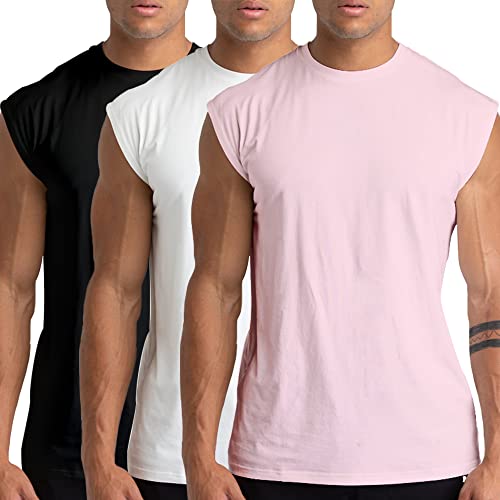Holure Pack de 3 camisetas interiores para hombre, camiseta muscular, camiseta interior con cuello redondo, Negro/Blanco/Rosa, M