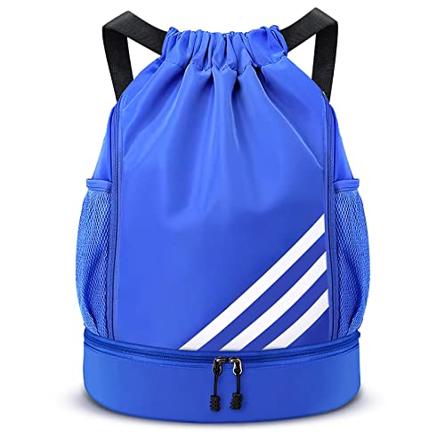 Bolsa de deporte con cordón, bolsa de fútbol, mochila deportiva de gran capacidad, mochila deportiva ajustable con compartimento para pelotas, impermeable, mochila para mujer, azul, 45*33*16cm