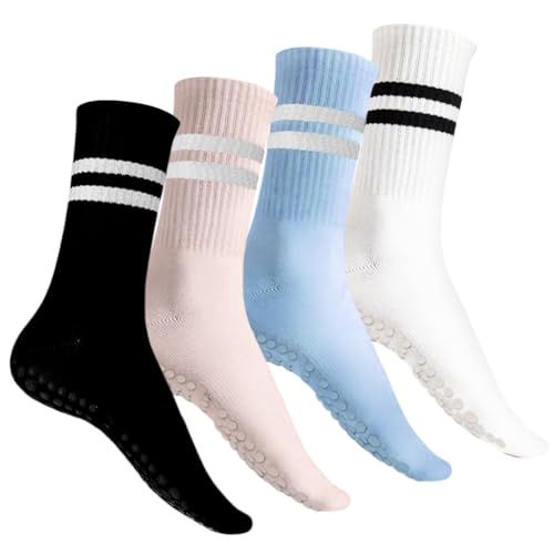 Occzin 4 pares de calcetines de yoga para mujer, 39-42, calcetines antideslizantes para mujer, pilates, para cama elástica, hogar, fitness, hospital, Blanco + Negro + Rosa + Azul, 39-42