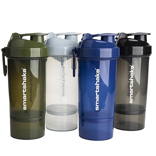 Smartshake O2GO ONE 4-Pack Protein Shaker Bottle 600 ml | 20 oz - Storage Included - Leakproof Screw-on Lid - BPA Free – Unisex - Mist Gray, Army Green, Black, Navy Blue