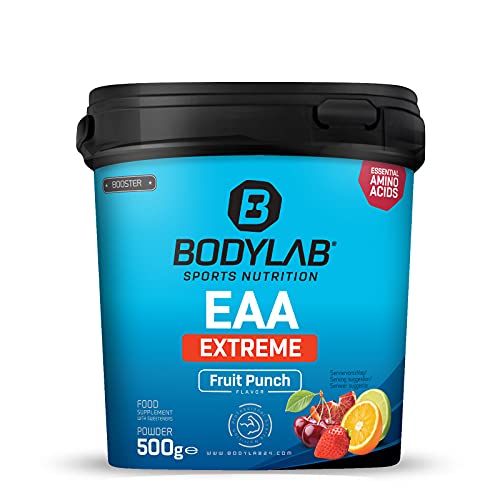 Bodylab24 EAA Extreme 500g ponche de frutas, aminoácidos esenciales, con 1,5g de glutamina, 1g de alanina y vitaminas B6 y B3 como bebida afrutada para la regeneración y la construcción muscular