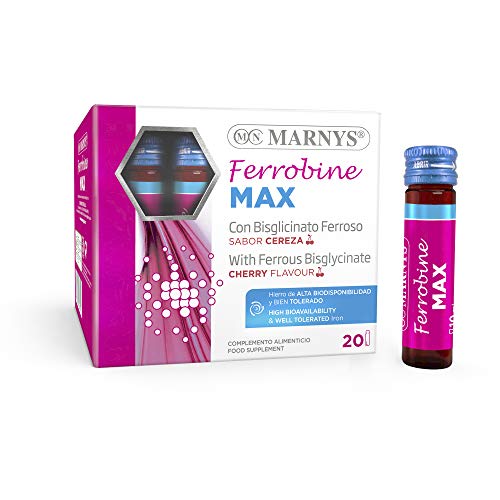 Ferrobine Max Marnys - Hierro, Zinc Y Vitaminas - Para 1 Mes - 20 Viales Monodosis Con Sabor Cereza - Made In Spain