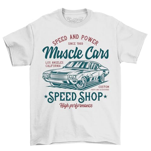 The Shirt Shack Muscle Car Speed Shop - Camiseta divertida para los entusiastas de los coches! ¡Acelera tu estilo con este divertido y musculoso diseño de bombeo musculoso. ¡Vroom Vroom!, blanco, 50