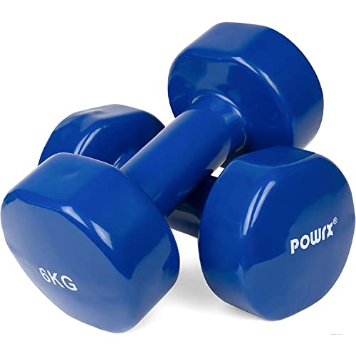 POWRX - Mancuernas vinilo 12 kg set (2 x 6 kg) + PDF Workout (Blu)