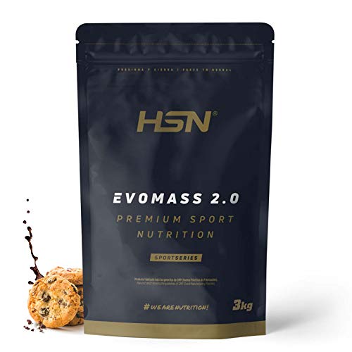 Batido de Carbohidratos y Proteínas Vegetariano de HSN Evomass 2.0 | Sabor Chocolate Galletas 3 Kg = 30 Tomas por Envase | Con Harina de Avena + Whey Protein + Aceite MCT | No-GMO, Sin Gluten