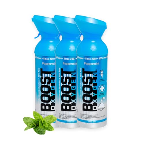 Boost Oxygen - Botella de Oxígeno Portátil - Lata de Oxigeno 95% Puro y Natural - Concentración, Recuperación, Energía, Estado de Ánimo, Grande - 27L, 3x9L (3x Envases - 450 Inhalaciones) - Menta