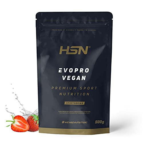 Proteína Vegana Evopro Vegan de HSN | Sabor Fresa 500 g = 17 Tomas por Envase Mezcla de Proteínas Vegetales | Con Extra Leucina Vegetal + Hierro + B12 + Stevia | No-GMO, Sin Gluten