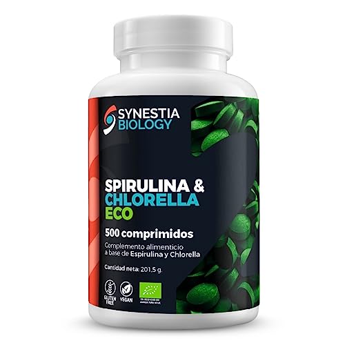 Spirulina y Chlorella Ecológica Synestia, 500 comprimidos, vegano y sin gluten, ayuda al mantenimiento de la masa muscular, aumenta la vitalidad, promueve la detoxificación del cuerpo