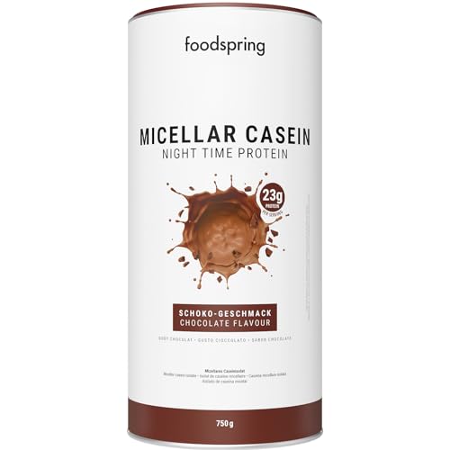 foodspring Caseina micelar para la recuperación nocturna - Proteinas de caseina en polvo para el crecimiento muscular - 23g de proteína por batido de caseina sin azúcar (750g | Chocolate)