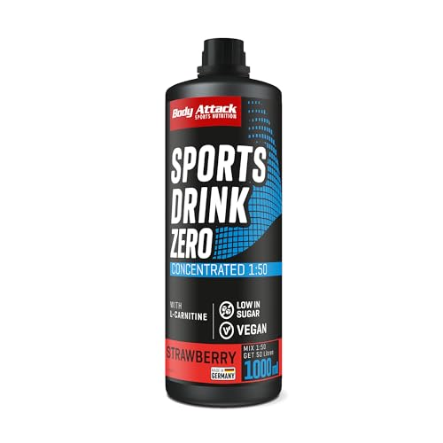 Body Attack Low Carb Sports Drink, bebida deportiva concentrada equivale a 50 litros, sin azúcar y bajo en calorías, vegano con carnitina y vitaminas, fresa, 1 x 1000 ml