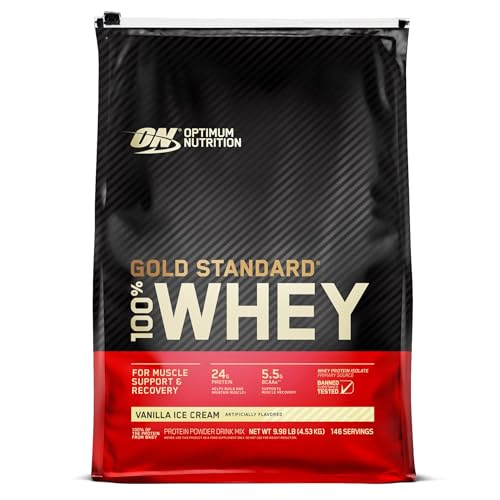 Optimum Nutrition Gold Standard 100% Whey, Proteína en Polvo para Recuperacíon y Desarrollo Muscular con Glutamina Natural y Aminoácidos BCAA, Sabor Helado de Vainilla, 151 Dosis, 4.53 kg