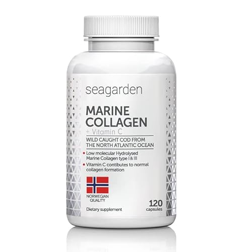 Seagarden Marine Collagen cápsula con vitamina C | Péptidos de colágeno hidrolizado tipo I & III, | Suplemento para piel, cabello, uñas, articulaciones y huesos | 100% Natural | 120 Cápsulas