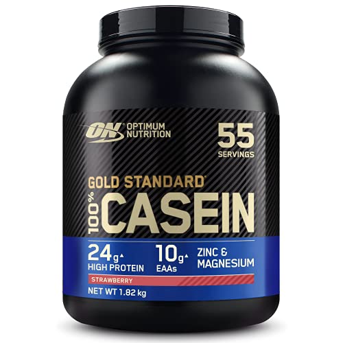 Optimum Nutrition Gold Standard 100% Casein Slow Digesting Protein Powder con Zinc, Magnesio y Aminoácidos, Crecimiento y Reparación Muscular de Noche, Sabor Fresa, 55 porc., 1,82 kg