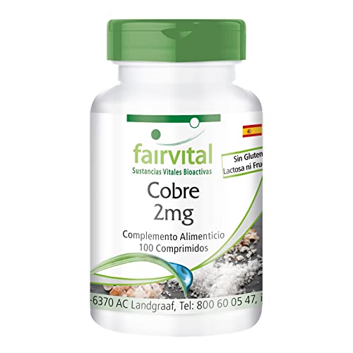 Fairvital | Cobre 2mg - VEGANO - Dosis alta - Suplemento a base de Bisglicinato de Cobre - 100 Comprimidos - Calidad Alemana