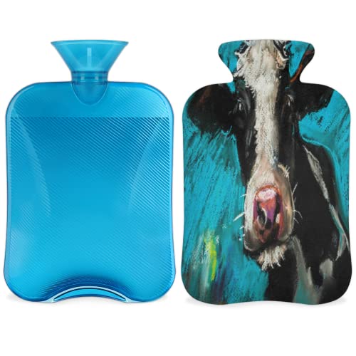 Botella de agua caliente animal de vaca de pintura al óleo con cubierta suave, terapia caliente 2L bolsa de agua caliente de gran capacidad para cuello, hombro, espalda, piernas, cintura