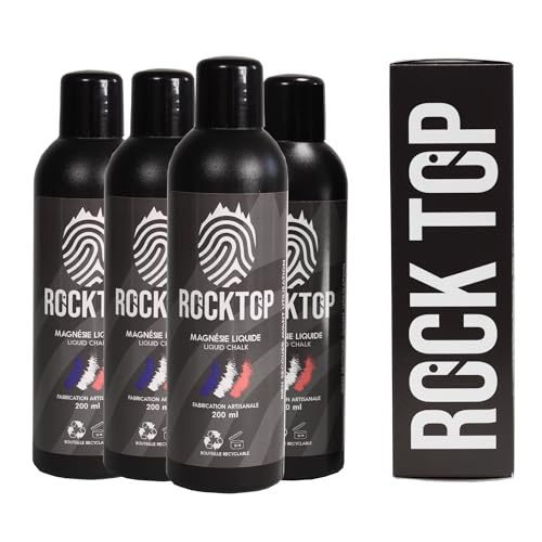 ROCK TOP Magnesia Líquida 200 ml – Pack X4 – Todo deporte – Fabricado en Francia – Mejor Grip – Liquid Chalk – Escalada en Cuarto – Street Workout – Halterofilia – Crossfit – Gimnasia – Padel