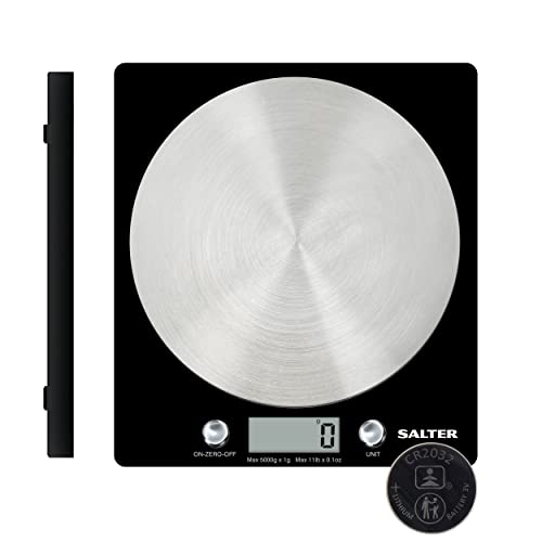 Salter 1036 BKSSDR Báscula electrónica de discos, anunciada en TV, diseño fino y elegante, cocina casera, plataforma de acero inoxidable hilado, añadir y pesar, líquidos, máx. 5 kg, negro/cromado