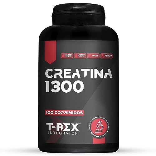T-Rex Integratori, Creatina Monohidratada 100 Tabletas 1300 mg - Suplemento Deportivos de Creatina Monohidrato para Masa Muscular y Pre Workout