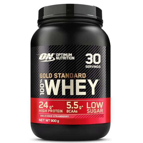 Optimum Nutrition Gold Standard 100% Whey, Proteína en Polvo para Recuperacíon y Desarrollo Muscular con Glutamina Natural y Aminoácidos BCAA, Sabor Fresa Deliciosa, 30 Dosis, 900 g