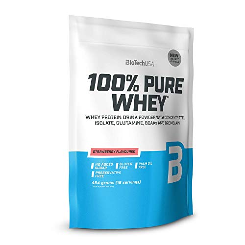 BioTechUSA 100% Pure Whey Complejo de suero de leche con bromelina, aminoácidos, sin azúcar añadido, sin aceite de palma, con edulcorante, 454 g, Fresa