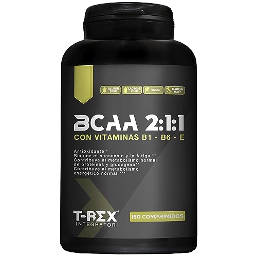BCAA 2:1:1 Obtenido por medio de Fermentación - 150 Comprimidos - Suplemento de Aminoácidos ramificados básicos y esenciales en Relación 2:1:1 con Vitaminas B1-B6-E | T-Rex Integratori