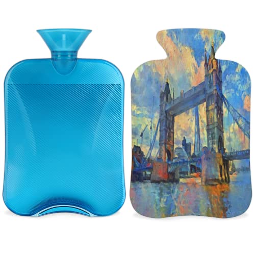 Pintura al óleo Londres Tower Bridge Botella de agua caliente con cubierta suave, terapia caliente de 2 litros de gran capacidad para cuello, hombros, espalda, piernas, cintura
