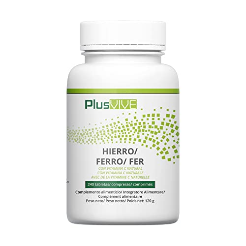 Plusvive - Suplemento de hierro y vitamina C con papaína y espirulina para mejorar la biodisponibilidad, 240 cápsulas