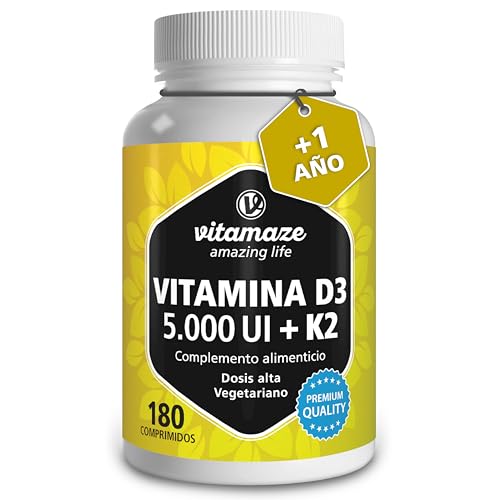 Vitamina D3 y K2 Alta Dosis (5000 UI Vitamina D3 + Vitamina K2 100 Mcg) - Sistema Inmunológico y Óseo - 180 Comprimidos Alta Biodisponibilidad, Calidad Alemana. Vitamaze®