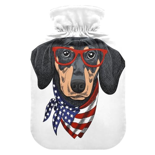 ISAOA Divertida botella de agua caliente, diseño de perro salchicha con bandera americana, S