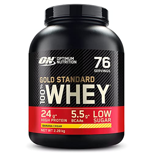 Optimum Nutrition Gold Standard 100% Whey, Proteína en Polvo para Recuperacíon y Desarrollo Muscular con Glutamina Natural y Aminoácidos BCAA, Sabor Crema de Banana, 76 Dosis, 2.28 kg