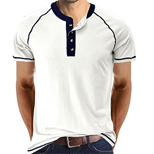 Men Henley Shirt Spring Summer Color Matching Simplicity T-Shirt Men Casual Daily Wear and Tear Modern Short Sleeve Men Fitness Fashion Work Sports Shirt Men E-White M